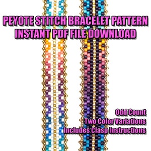May include: Two peyote stitch bracelet patterns in a rainbow color scheme. The patterns are for an odd count of beads and include clasp instructions.  "Peyote Stitch Bracelet Pattern Instant PDF File Download" is written in pink letters at the top of the image.