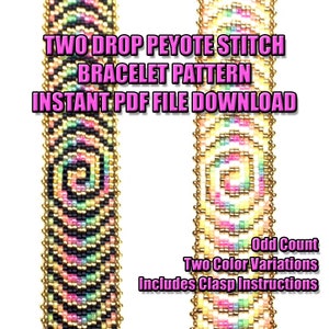 May include: Two color variations of a beaded bracelet pattern using the two drop peyote stitch. The pattern includes instructions for an odd count bracelet and a clasp.  "TWO DROP PEYOTE STITCH BRACELET PATTERN INSTANT PDF FILE DOWNLOAD" text is displayed on the image.