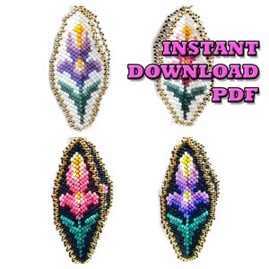 May include: Four beaded floral designs in various color schemes: purple, pink, and yellow. Each design is leaf-shaped with a gold border. The text "INSTANT DOWNLOAD PDF" is overlaid on the image.