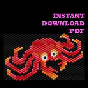 Puede incluir: Un pulpo rojo y naranja de cuentas con ojos blancos. El pulpo está sobre un fondo negro.  INSTANT DOWNLOAD PDF.