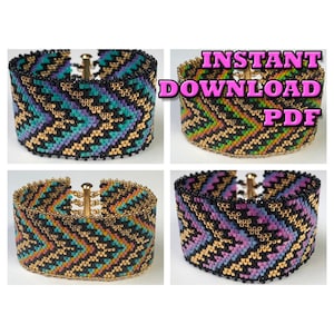 May include: Four beaded bracelets with geometric patterns in black, gold, teal, purple, and pink. The bracelets have a gold clasp. INSTANT DOWNLOAD PDF.
