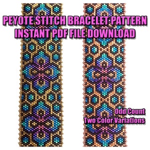 May include: Two color variations of a peyote stitch bracelet pattern. The pattern is an odd count and features a geometric design with blue, gold, purple, and black beads. The text "Peyote Stitch Bracelet Pattern Instant PDF File Download" is at the top of the image. The text "Odd Count Two Color Variations" is at the bottom of the image.
