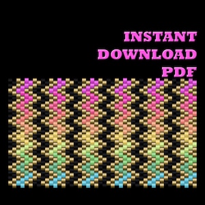 Peut inclure: Un motif numérique pour le tissage d'un bracelet en chevron arc-en-ciel. Le motif est au format PDF et est disponible en téléchargement instantané. Le motif présente un fond noir avec un motif en chevron coloré.