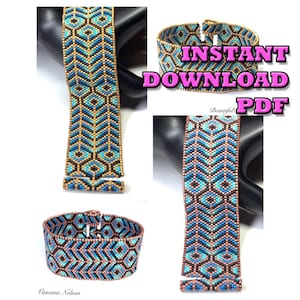 May include: A beaded bracelet with a geometric pattern in shades of blue, brown, and gold. The bracelet is shown on a mannequin's arm and laid flat. The text "INSTANT DOWNLOAD PDF" is superimposed on the image.