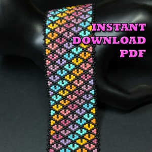 May include: A colourful beaded bracelet featuring a floral pattern in pink, yellow, blue, and purple, set against a black backdrop. The bracelet has a black border and the text "INSTANT DOWNLOAD PDF".