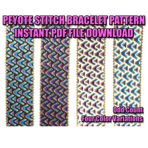 May include: Four variations of a peyote stitch bracelet pattern in blue, purple, black, and white with gold accents. The pattern is an odd count and the image includes the text "Odd Count Four Color Variations".