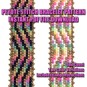 May include: Two peyote stitch bracelet patterns in a PDF file download. The patterns feature a black and white design and a multi-colored design. The patterns include instructions for making a clasp.