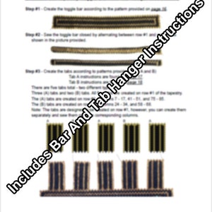 May include: Instructions for creating a gradient cat tapestry wall hanging with a toggle bar and tabs. The instructions include diagrams showing how to create the toggle bar and tabs.