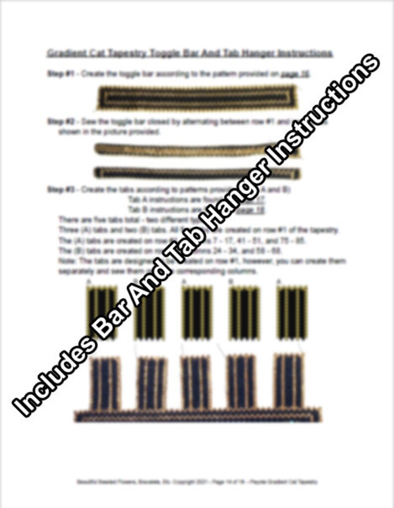 May include: Instructions for creating a gradient cat tapestry wall hanging with a toggle bar and tabs. The instructions include diagrams showing how to create the toggle bar and tabs.