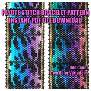 Könnte beinhalten: Peyote-Stich-Armband-Muster, sofortiger PDF-Datei-Download. Zwei Farbvarianten mit einer ungeraden Anzahl von Perlen. Das Muster zeigt ein farbenfrohes Design mit schwarzen Perlen.