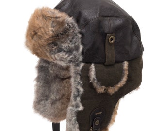 Ultrafino Sitka Faux Fur Leather Bomber Trapper Hat with Ear Flaps