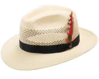 Ultrafino Sequoia Ventilated Crown Fedora Panama Straw Hat with Removable Exotic Bird Feather