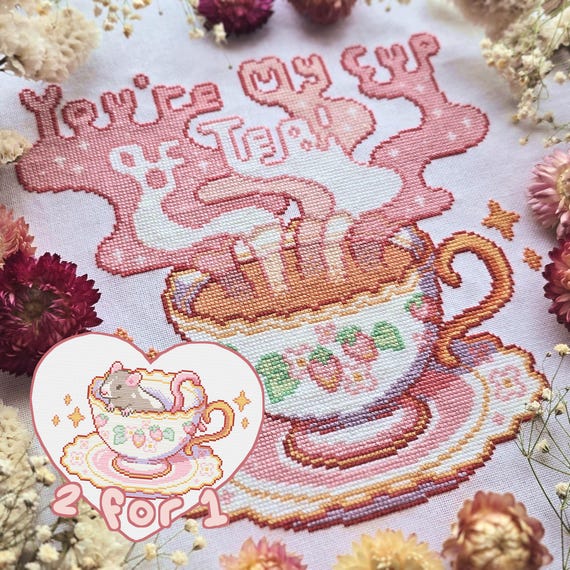Valentine's Strawberry Teacup Cross Stitch Pattern PDF (2 for 1!)