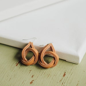 Tan Leather Earrings for Women, Handmade, Gift For Her, Leather Knot Earring, Third Anniversary, Christmas Present