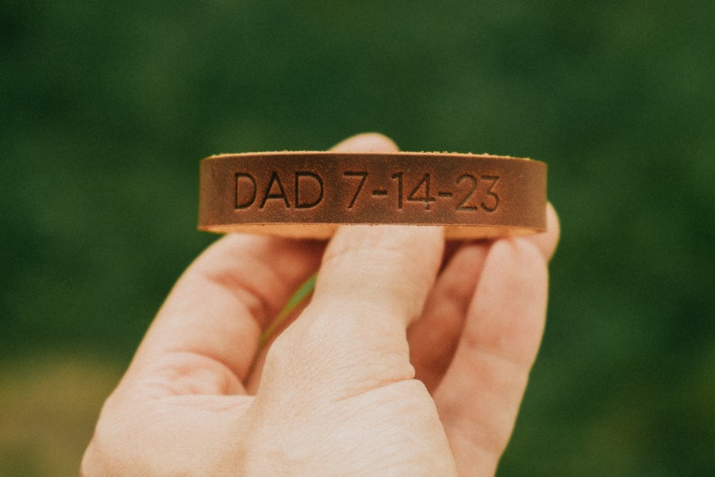 Personalized Leather Wrap Bracelet, New Dad Gift, Custom Engraved Cuff, Third Anniversary Date, Fathers Day, First Born, Newborn Present image 1