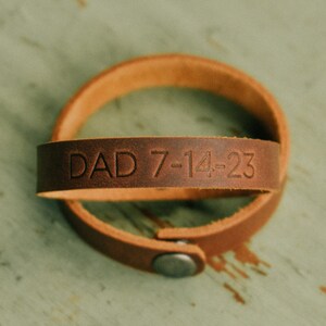 Personalized Leather Wrap Bracelet, New Dad Gift, Custom Engraved Cuff, Third Anniversary Date, Fathers Day, First Born, Newborn Present image 2