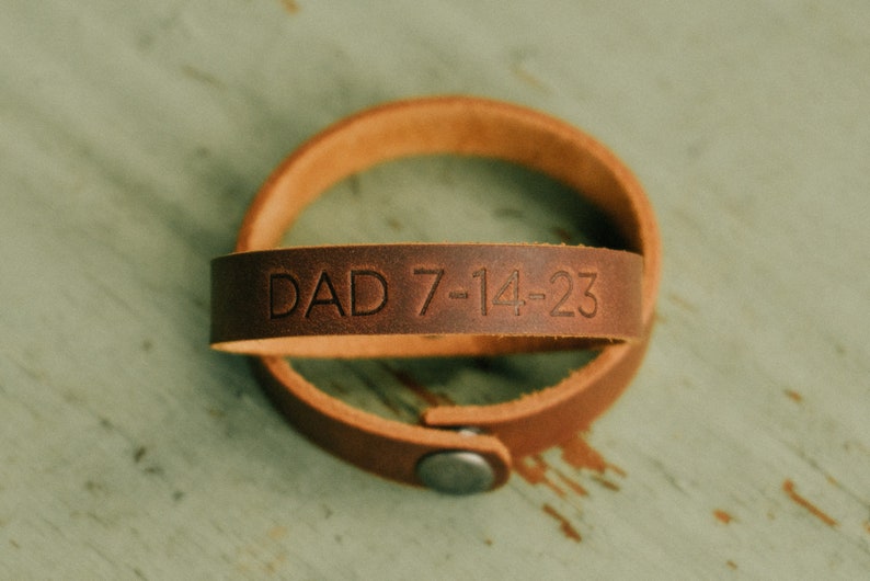 Personalized Leather Wrap Bracelet, New Dad Gift, Custom Engraved Cuff, Third Anniversary Date, Fathers Day, First Born, Newborn Present image 2