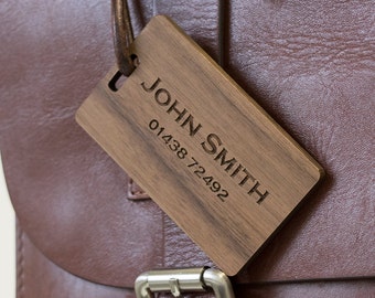 Wooden luggage Tag, Personalised Engraved Walnut, with leather tie.   Personalized travel gift. A perfect Christmas gift!