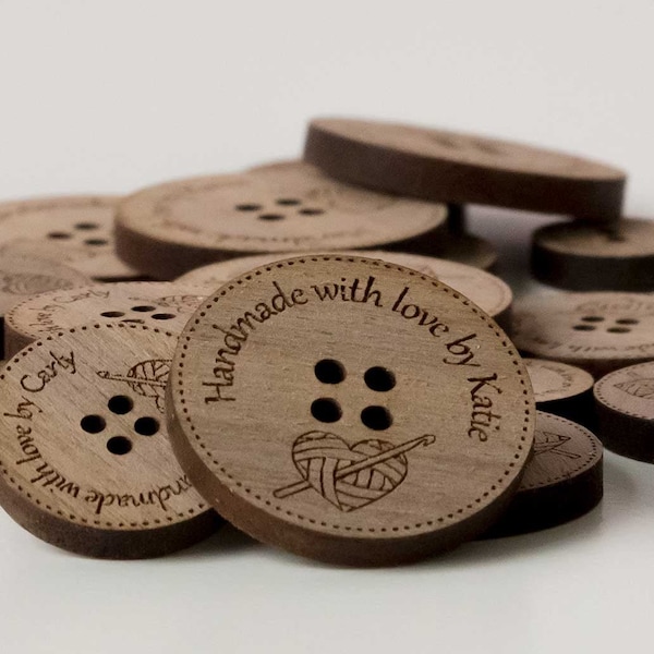 Personalised buttons for crochet 1", 3/4" & 1/2" -  Personalized engraved wooden flat back buttons,