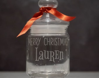 Small Personalised Christmas Tree themed Sweets Glass Jar with lid, ideal stocking filler this christmas
