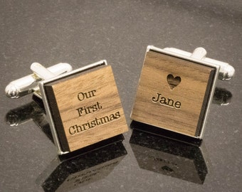 Our First Christmas | luxury 5mm walnut engraved cufflinks | Amazing thoughtful & unique first christmas gift for partner,