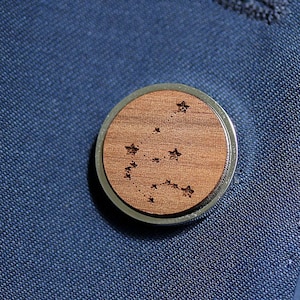 Celestial Constellation custom lapel pin, badge, Zodiac star sign, wooden engraved personalised gift