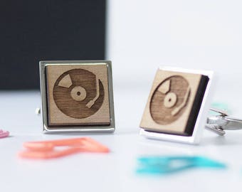 record player cufflinks, wooden laser cut cufflinks, ideal for music lovers  and record collectors,  christmas gifts for him