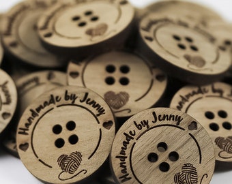 20mm Engraved wooden flat back buttons, Personalized and custom made buttons for knitting and crochet projects