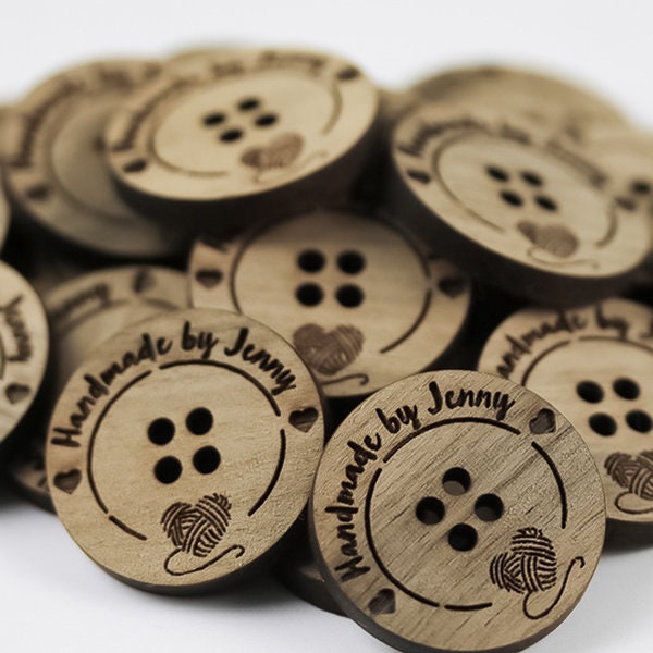 20mm Engraved wooden flat back buttons, Personalized and custom made buttons for knitting and crochet projects