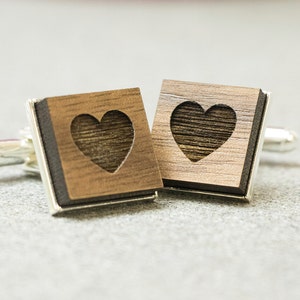 Heart cufflinks wedding cufflinks love cufflinks engagement cufflinks walnut cufflinks laser engraved image 2