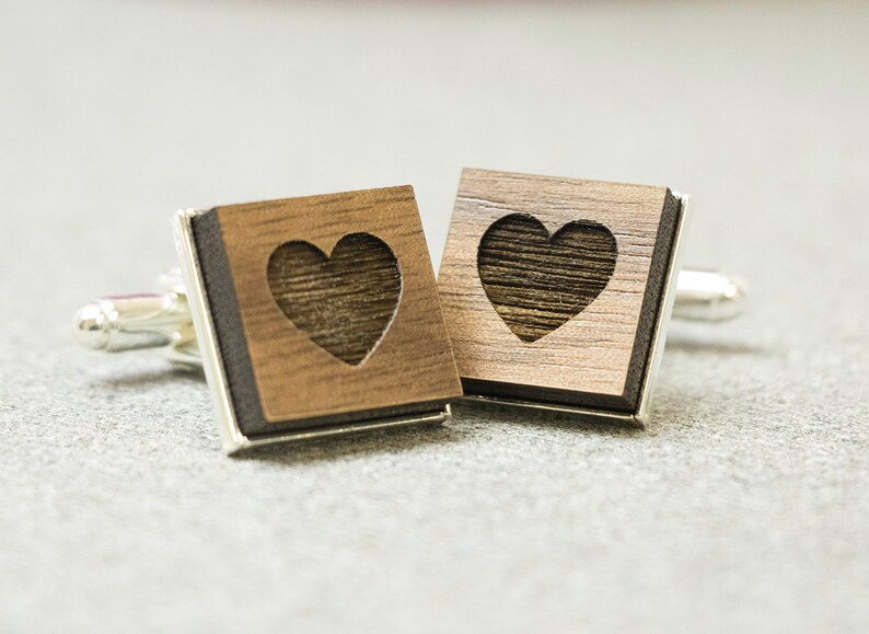 Heart cufflinks wedding cufflinks love cufflinks engagement cufflinks walnut cufflinks laser engraved image 2