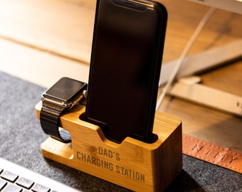 Personalised Bamboo Apple Watch &  mobile iPhone Charging Station, Christmas, Birthday Gift