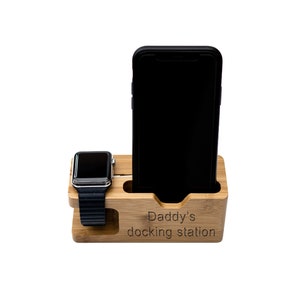 Personalised Bamboo Apple Watch &  mobile iPhone Charging Station, 2nds Quality