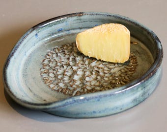 Handmade Ceramic Garlic/Ginger Grater: Blue Stoned Denim Glazed Stoneware