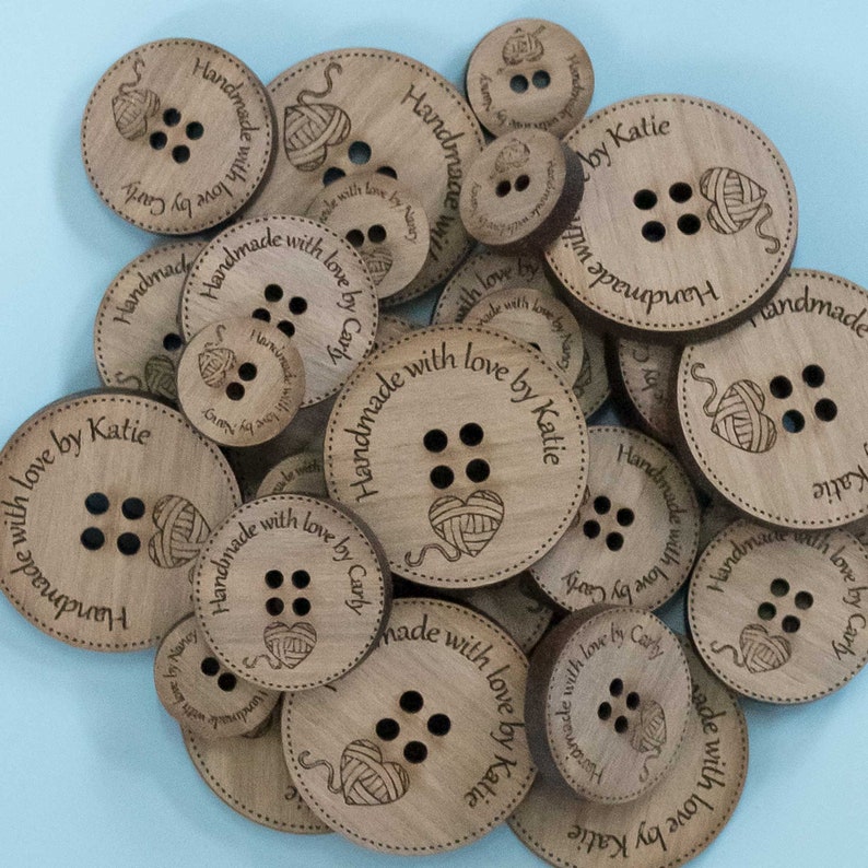 Personalized buttons for Knitters, 1, 3/4 & 1/2 engraved wooden buttons with yarn heart, product labels for knitting and crochet projects image 4