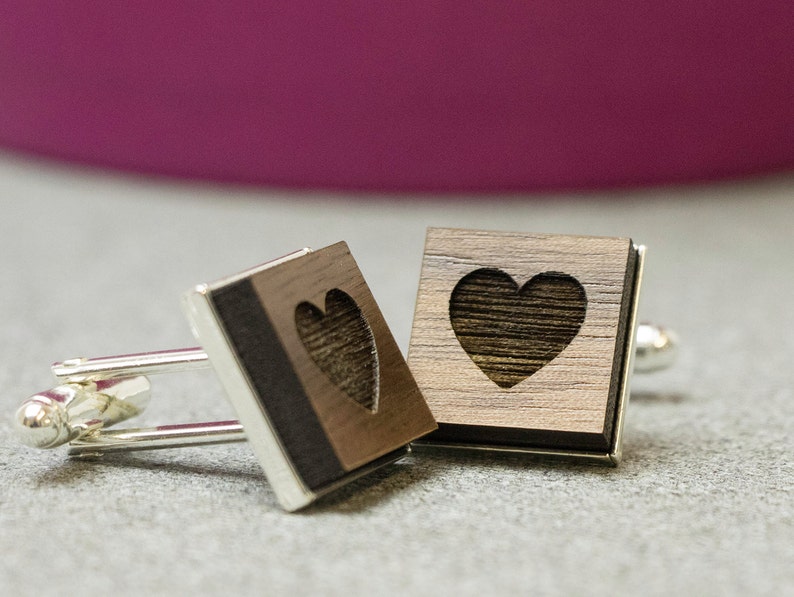 Heart cufflinks wedding cufflinks love cufflinks engagement cufflinks walnut cufflinks laser engraved image 3