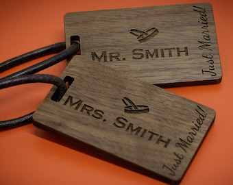 Honeymoon personalized wedding Luggage Tags-Walnut Wood Luggage Tags-Mr & Mrs Luggage Tags-Personalized Walnut