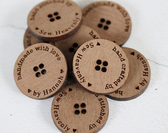 Handmade Personalized Walnut Wooden Buttons, Laser Engraved (20mm)