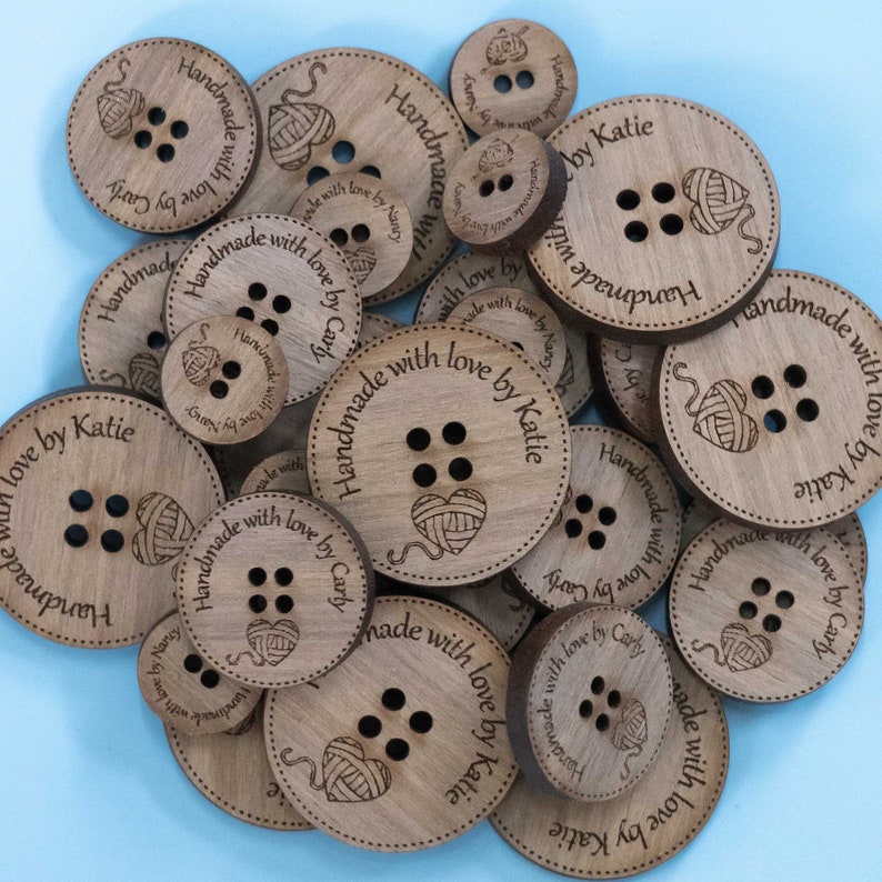 Personalized buttons for Knitters, 1, 3/4 & 1/2 engraved wooden buttons with yarn heart, product labels for knitting and crochet projects image 3