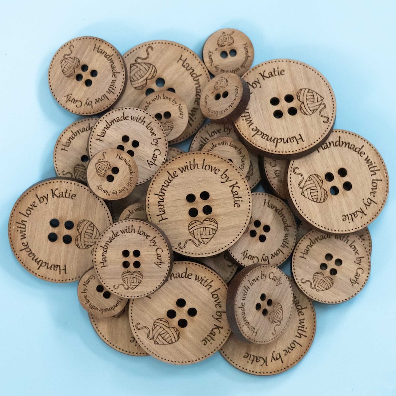 Personalized buttons for Knitters, 1, 3/4 & 1/2 engraved wooden buttons with yarn heart, product labels for knitting and crochet projects image 1