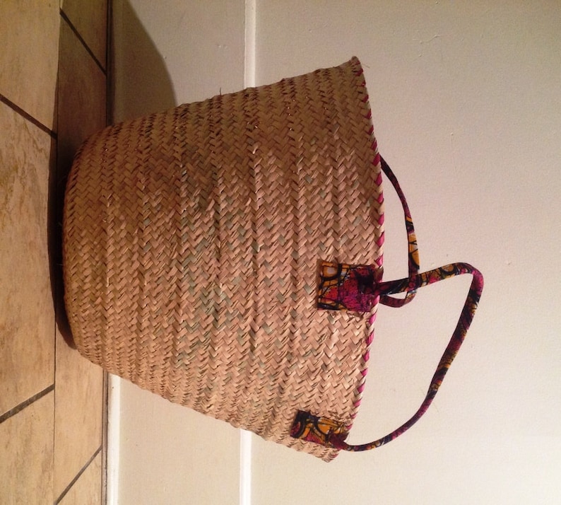 African Hand Woven Market Basket, Market Tote, Fabric/leather Handle