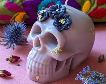 Periwinkle Skull Candle with Black Flowers