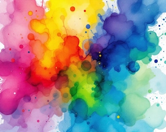 May include: A vibrant abstract composition featuring a spectrum of watercolor-style ink splashes. The design displays blended gradients of pink, yellow, orange, green, blue, and purple, accented by scattered droplets and fine paint splatters.