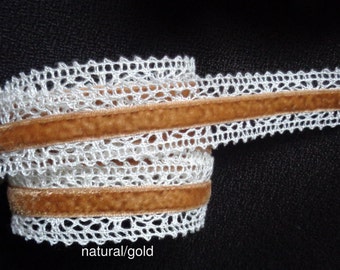 1 Inch Crochet / Velvet Center Ribbon selling by the yard natural/gold