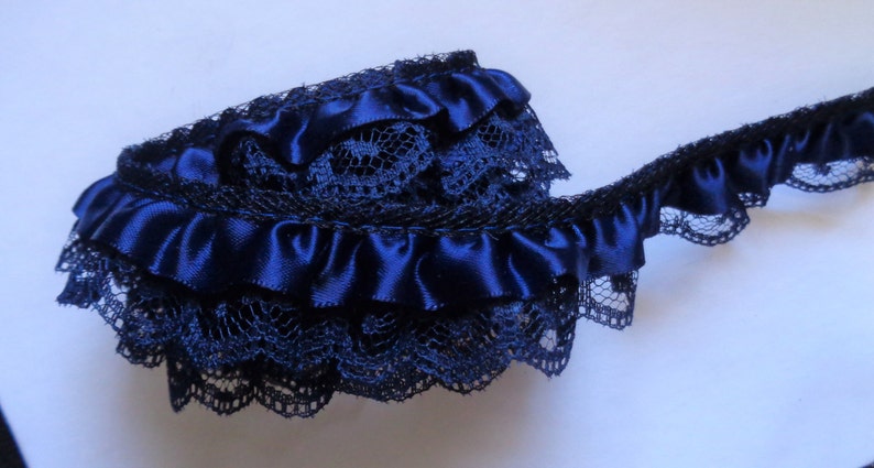 Satin Floral Ruffle Lace Trim 1/" white//hunter selling by the yard