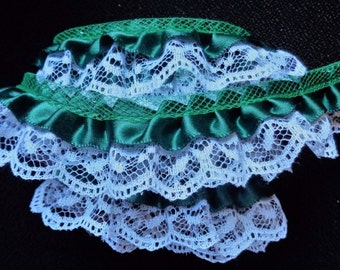 Satin Floral Ruffle Lace Trim 1" white/hunter selling by the yard