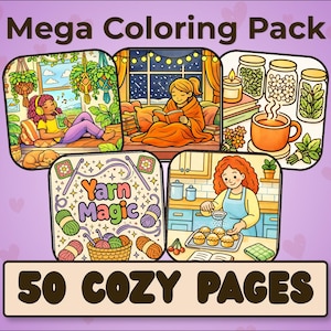 Può includere: Un pacchetto di colorazione digitale intitolato "Mega Coloring Pack" con cinque scene accoglienti. Le scene includono una persona che si rilassa, legge e cucina. Il testo "50 COZY PAGES" è in basso. Lo sfondo è viola chiaro con cuori.