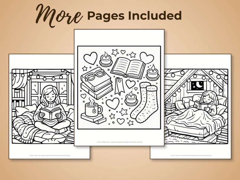 Cozy Book Lover Coloring Pages Printable, Reading Nook Designs, Adult ...
