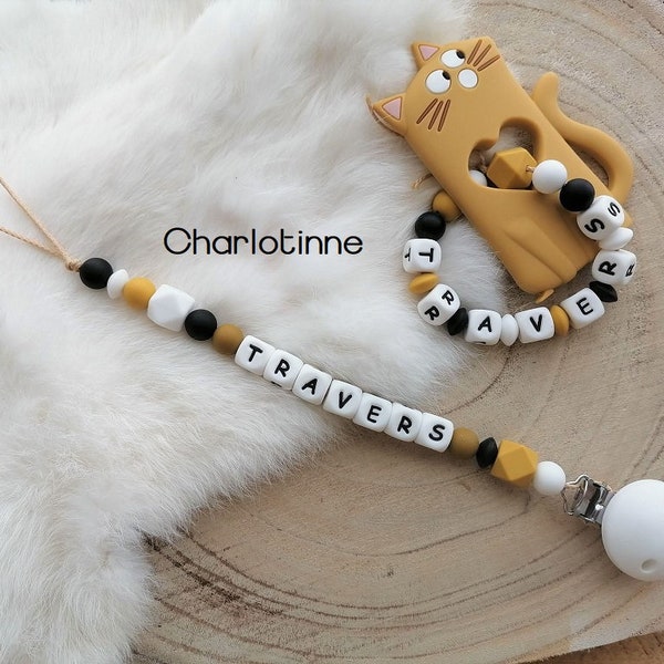 attache tétine et hochet en silicone chat