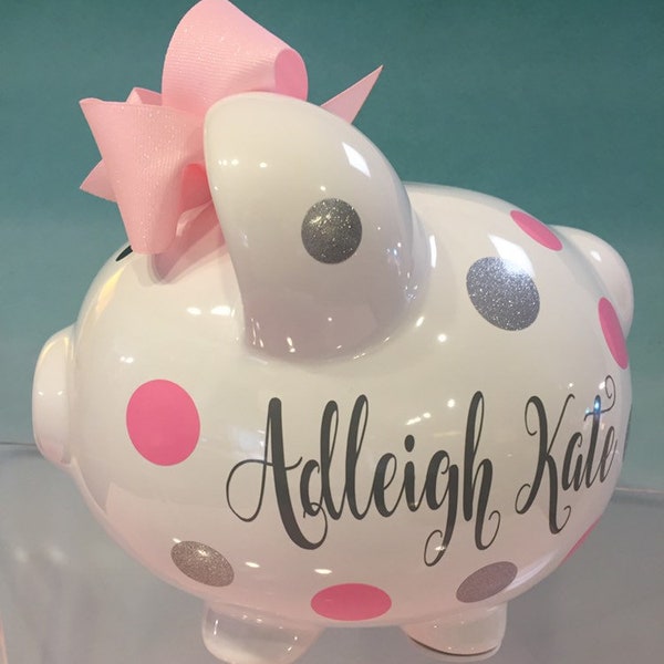 Personalized Piggy Bank: Large Pink Polka Dot, Baby Girl Gift